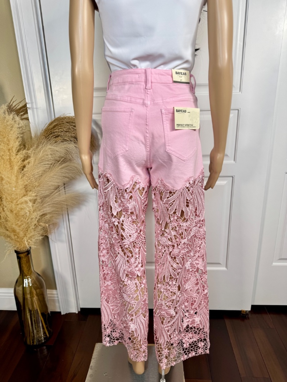 PINK HIGH WAIST CRYSTAL EMBELLISHED CURVE HUGGING WIDE LEG LACE JEANS - Picture 9 of 15